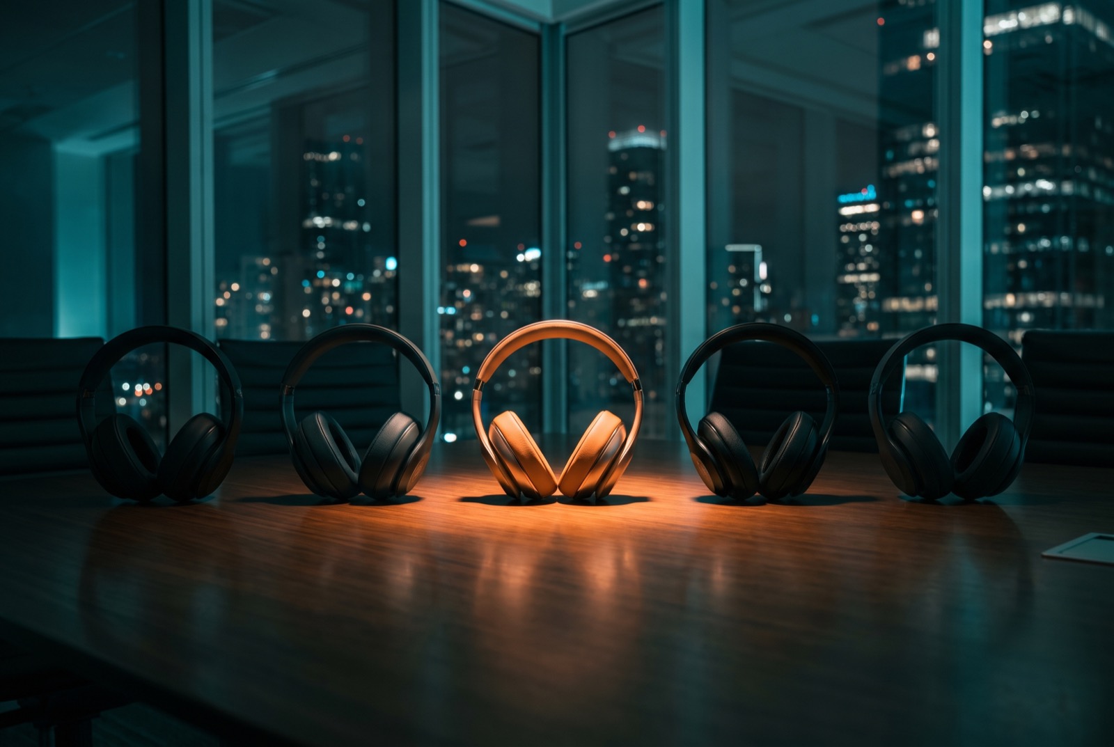 Five pairs of studio headphones in a row on a dark boardroom table at night, four in teal shadow and one lit warm amber, blurred city lights through the windows behind